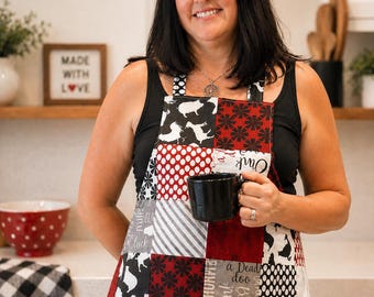 Reversible Patchwork Apron Handmade Cotton Kitchen Apron Quilted Style Cooking Apron Gift for Mom Baker Hostess