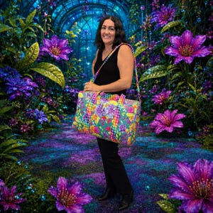 May include: A rectangular duffel bag featuring a vibrant floral pattern on a teal background with a colorful houndstooth trim on the straps and edges. The bag has a long, adjustable shoulder strap and a zippered top closure for carrying items.
