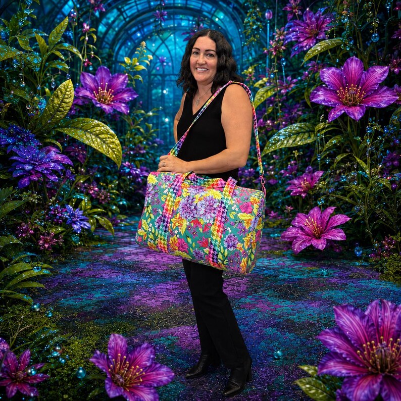 May include: A rectangular duffel bag featuring a vibrant floral pattern on a teal background with a colorful houndstooth trim on the straps and edges. The bag has a long, adjustable shoulder strap and a zippered top closure for carrying items.