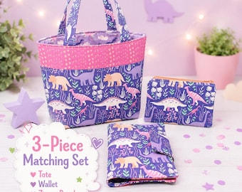 Dinosaur Lover Gift for Little Girl with Tote Bag Crayon Wallet and Zipper Pouch