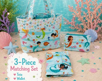 Mermaid Gift for Little Girl with Kids Tote Bag Crayon Wallet and Zipper Pouch