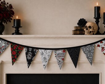 Dark Romance Halloween Banner with Gothic Skulls Roses and Skeletons for Spooky Gothic Decor