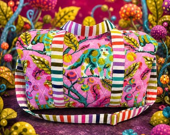 May include: A quilted duffel bag featuring a vibrant pink background with a repeating pattern of teal cats, stylized leaves, and colorful circular elements. The bag includes multi-colored striped handles and an adjustable shoulder strap.