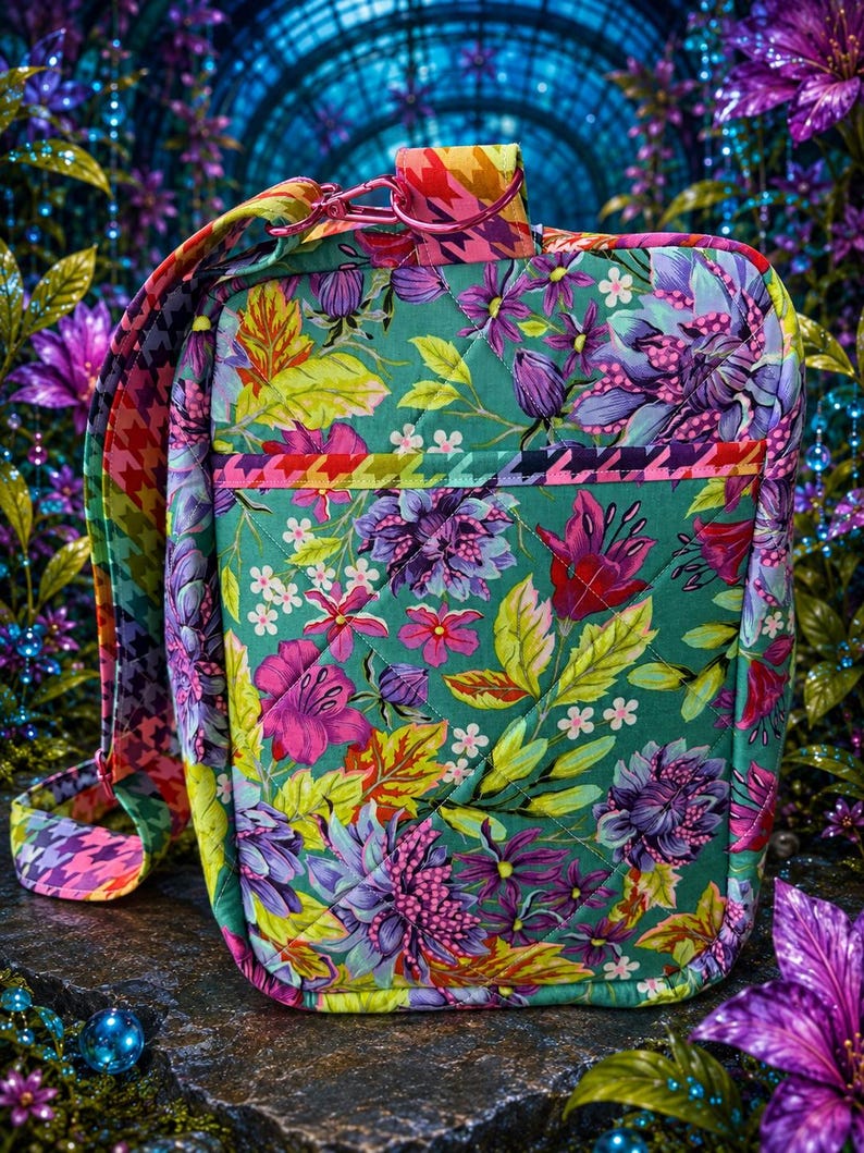 May include: A quilted rectangular crossbody bag featuring a vibrant floral pattern in shades of teal, purple, pink, and yellow. The bag includes a matching adjustable strap with a colorful houndstooth print and a pink metal swivel clasp.