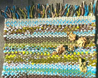 Large Hand TWINED Rag RUG - Lemon Tree Sky - Heavy RUGGED Fringed