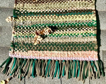 Large Hand TWINED Rag RUG - Forest Floor - Heavy RUGGED Fringed