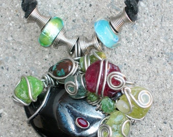 JOY PROTECTION AMULET Pendant Ruby, Green Garnet, Aqua Talisman Jewelry