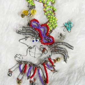 Comical Court JESTER BROOCH - Whimsical Beaded Wire Wrap Pin with Bells On
