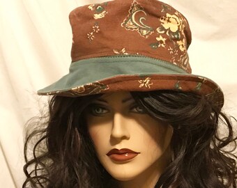 Sale! Tanamo Chapeau - One of a Kind  - Soft DENIM Brimmed HAT, Brown Banda print and Green - Wind, Durable Packable Adjustable Brim