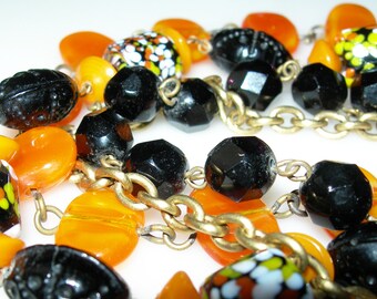 Sale! Matching Antique Vintage Glass Beaded Brass BRACELET  NECKLACE and SLAVE  Hair Sticks Jet Black Orange