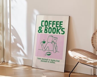 Coffee And Books Print, Coffee Nook Art, Cozy Book Lover Poster, Coffee And Books Poster, Cafe Art, Study Room Art, Modern Kitchen Print