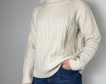 Max Mara Weekend Cream Wool Cable Knit Sweater, Pure New Wool Turtleneck, Luxury Womens Winter Knitwear