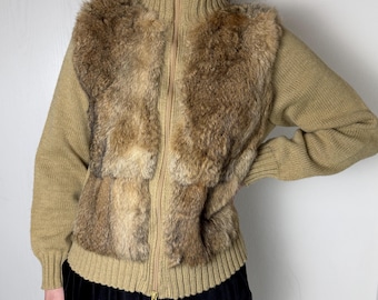 Women’s Vintage Zip Sweater – Beige, Natural Fur Accents
