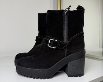 Hogan Women’s Black Suede Ankle Boots – Chunky Heel, Size 36, Made in Italy