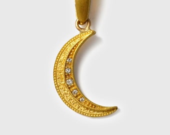 Moon Charm, 24K Solid Yellow Gold Moon, Waxing or Waning, Pendant-Charm, with 0.04ct Diamonds, Solid Gold Moon