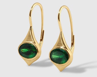 Droplette Earrings with East-West Bright Green, Oval Tsavorites, 18kt Gold by Ashley Childs, Contemporary Fine Jewelry