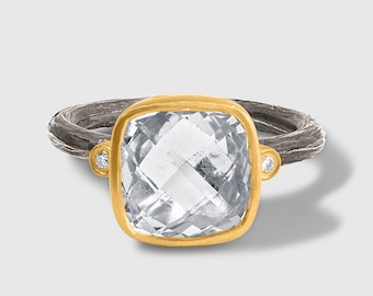 5.45ct Faceted Checkerboard Quartz and Diamond Ring, 24kt Yellow Gold and Silver, by Kurtulan