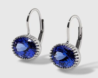 Brilliant Cut, Oval Tanzanite Earrings, 14kt White Gold by Ashley Childs, Contemporary Fine Jewelry, Micro Prong Setting, Bright Blue Purple