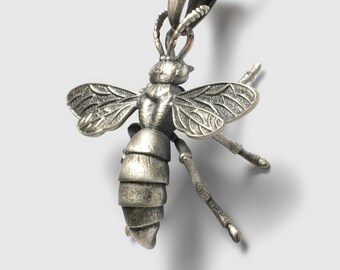 Large, Lifelike, Silver Queen Bee Pendant Necklace, Realistic, Men's Jewelry, Sterling Silver 925, Community, Hive, Nectar, Honey