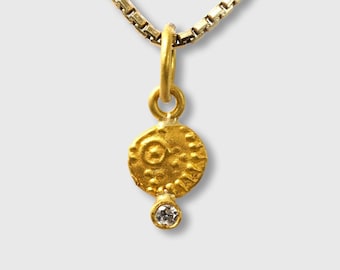 Greek, Miniature, Primitive Coin Charm, Solid 24K Gold and 0.02ct Diamond, Layering Charm, Greek Mythology, Mythos, Zodiac