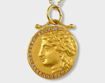 Ancient Greek Goddess, Coin (Replica) Tetradrachm Charm Pendant, 24kt Solid Yellow Gold & 0.09ct Diamonds