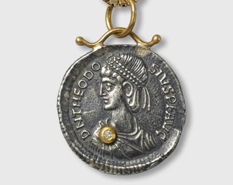 Roman Caesar Coin (Replica) Charm Pendant, 24kt Gold, Silver and 0.02ct Diamond