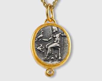 Gold-Framed Ancient Zeus Seated, Holding Eagle and Scepter, Tetradrachm Coin (Replica) Charm Pendant, 24kt Gold, Silver & 0.02ct Diamonds