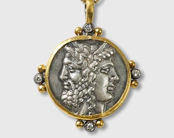 Large, 24kt Yellow Gold & Diamond Framed Janus and Janus - God Of All Beginnings - Coin (Replica) Charm Pendant with 0.16ct Diamonds