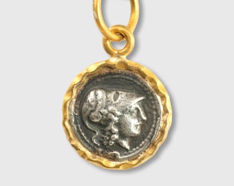 Large, Gold-Framed, Ancient, Ephesus, Queen Bee, Tetra Drachm, Coin (Replica) Charm Pendant, 24kt Gold and Silver