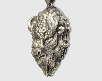 Silver Bison Pendant, Buffalo, Hand Carved Lost Wax, 925, Large, Men, Man's Jewelry, Heirloom, Husband, Father, Wild Animal, Yellowstone