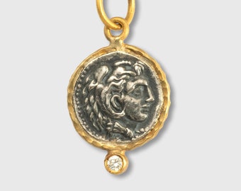 Alexander the Great, Coin Replica Charm Pendant, 24K Gold, Silver, 0.02ct Diamonds, Coin replica from Turkish Museum, Greek Mythology