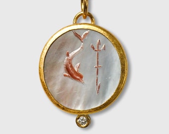 Poseidon, Arrow, Dolphin Intaglio Charm Pendant, 24K Gold, Mother of Pearl w/ Diamond, Greek Mythology, Celestial, Mythos, MOP, Fish Dolphin