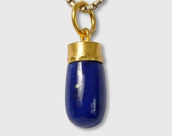 7.00ct Lapis Lazuli Drop Charm Pendant Necklace, 24kt Yellow Gold, Zodiac Sign Sagittarius, Taurus, Virgo, and Libra.