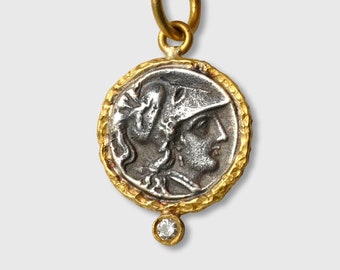 Ancient Athena - Wisdom Goddess - Coin (Replica) Tetradrachm Charm Pendant, 24kt Gold, Silver & 0.02ct Diamond