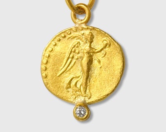 Ancient, Nike, Goddess of Victory, Charm Coin (Replica) Pendant with 0.02ct Dia 24kt Solid Gold, Goddess, Greece, Mythos, Mythology, Stories