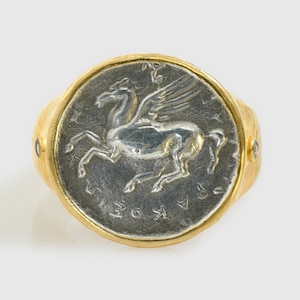 Pegasus Coin Statement Cocktail Ring with Diamonds 24kt Yellow Gold and Silver by Kurtulan
