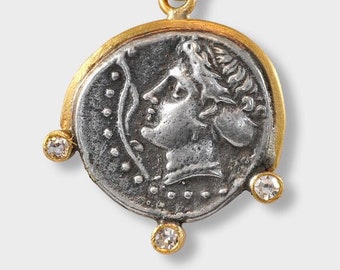 Water Nymph, Ancient Sinope - Tetradrachm Charm Coin (Replica) Pendant, 24kt Gold, Silver & 0.06ct Diamonds, Greek Goddess Charm, Mythology