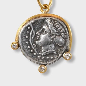 Water Nymph, Ancient Sinope - Tetradrachm Charm Coin (Replica) Pendant, 24kt Gold, Silver & 0.06ct Diamonds, Greek Goddess Charm, Mythology