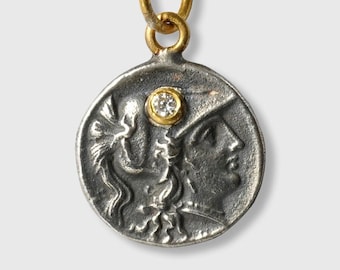 Ancient Athena, Wisdom Goddess, Coin (Replica) Tetradrachm Charm Pendant, 24K Yellow Gold, Silver & 0.01ct Diamond, Greek Mythology, Mythos