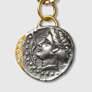 Ancient, Sinope, Water Nymp, Tetradrachm Coin (Replica) Charm Pendant, 24K Gold, Silver & 0.04ct Diamonds, Greek Mythology Celestial Goddess