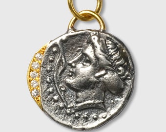 Ancient, Sinope, Water Nymp, Tetradrachm Coin (Replica) Charm Pendant, 24K Gold, Silver & 0.04ct Diamonds, Greek Mythology Celestial Goddess