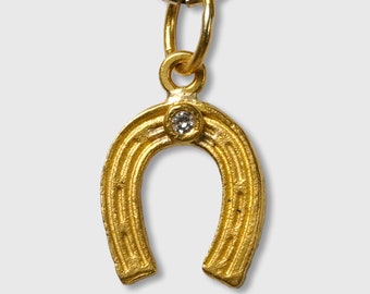 Lucky Horse Shoe Charm Pendant, Solid 24K Gold and 0.02ct Diamond