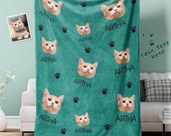 Custom Cat Face Blanket Cat Paws Personalized Pet Photo and Text Blanket