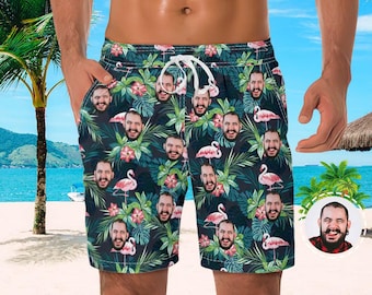 Custom Face Beach Shorts for Men, Personalized Photo Swim Trunks, Funny Hawaiian Shorts, Vacation Outfit Gift for Him
