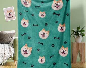 Custom Dog Face Blanket Dog Paws and Bones Spines Personalized Pet Photo Blanket
