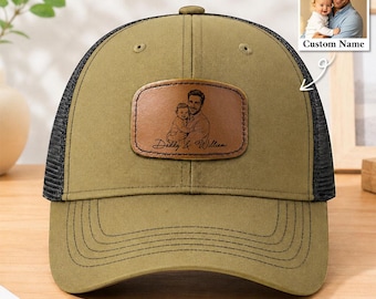 Custom Photo Sketch Leather Patch Trucker Cap – Personalized Dad Gift