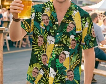 Custom Face Hawaiian Shirt Personalized Beer Lover Gift Tropical Lager Leaf Summer BBQ Camping