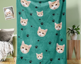 Custom Cat Face Blanket Cat Claws and Fish Spines Personalized Pet Photo Blanket