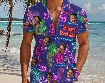 Custom Face Hawaiian Shirt, Neon Flamingo Pineapple Birthday Party Aloha Top