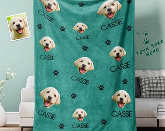 Custom Dog Face Blanket Dog Paws Personalized Pet Photo and Text Blanket